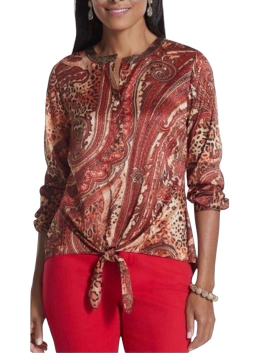 Chico's 2 Sz LARGE Red Paisley Animal Print Tie-Front Gold Sequin Satin Blouse